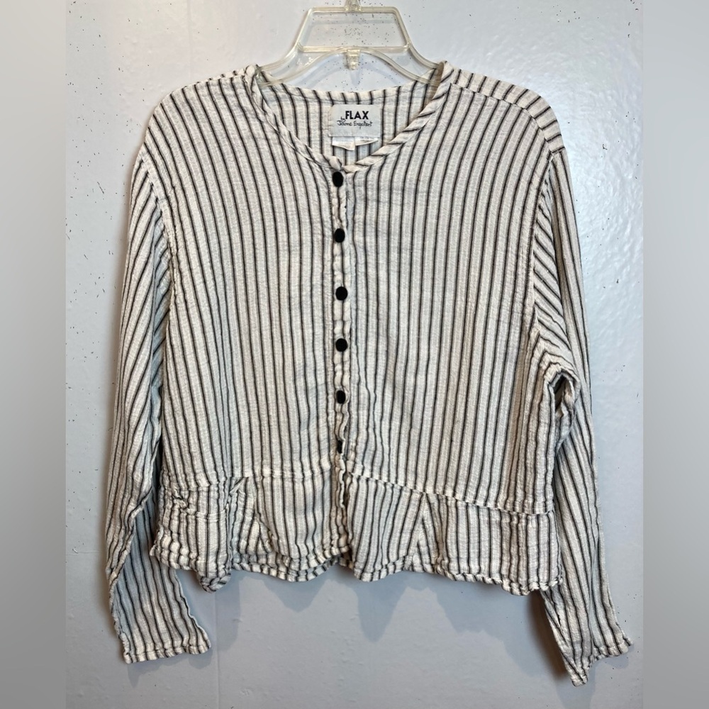 Vintage FLAX Jeanne Englehart Linen Blouse M Striped Long Sleeve Button Down Top